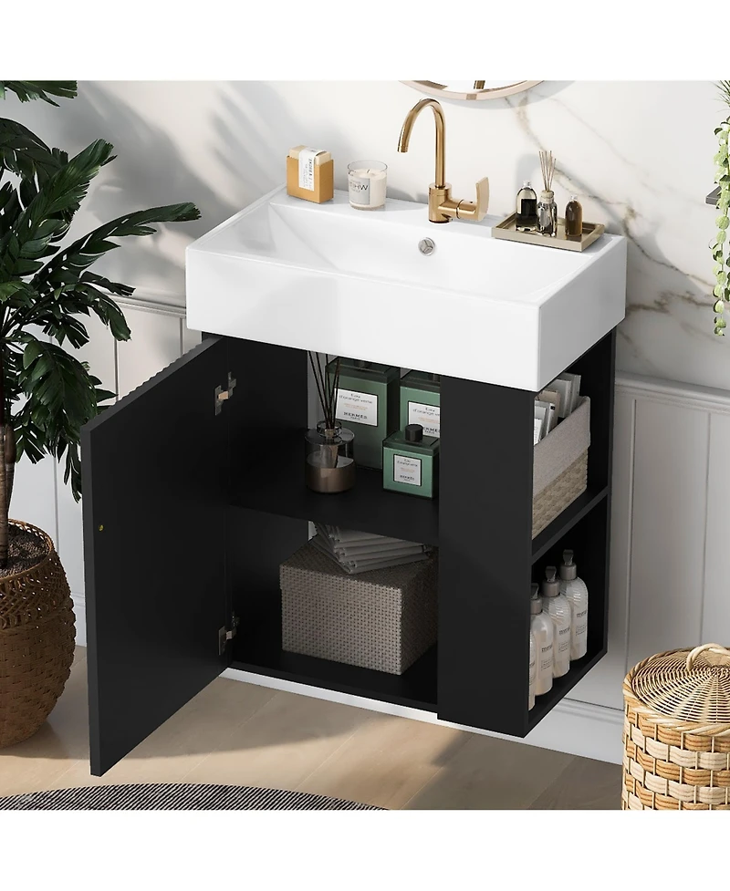 Cesicia 22 in. Modern Floating Bathroom Vanity with Ceramic Basin and Right Side Storage for Small Bathrooms