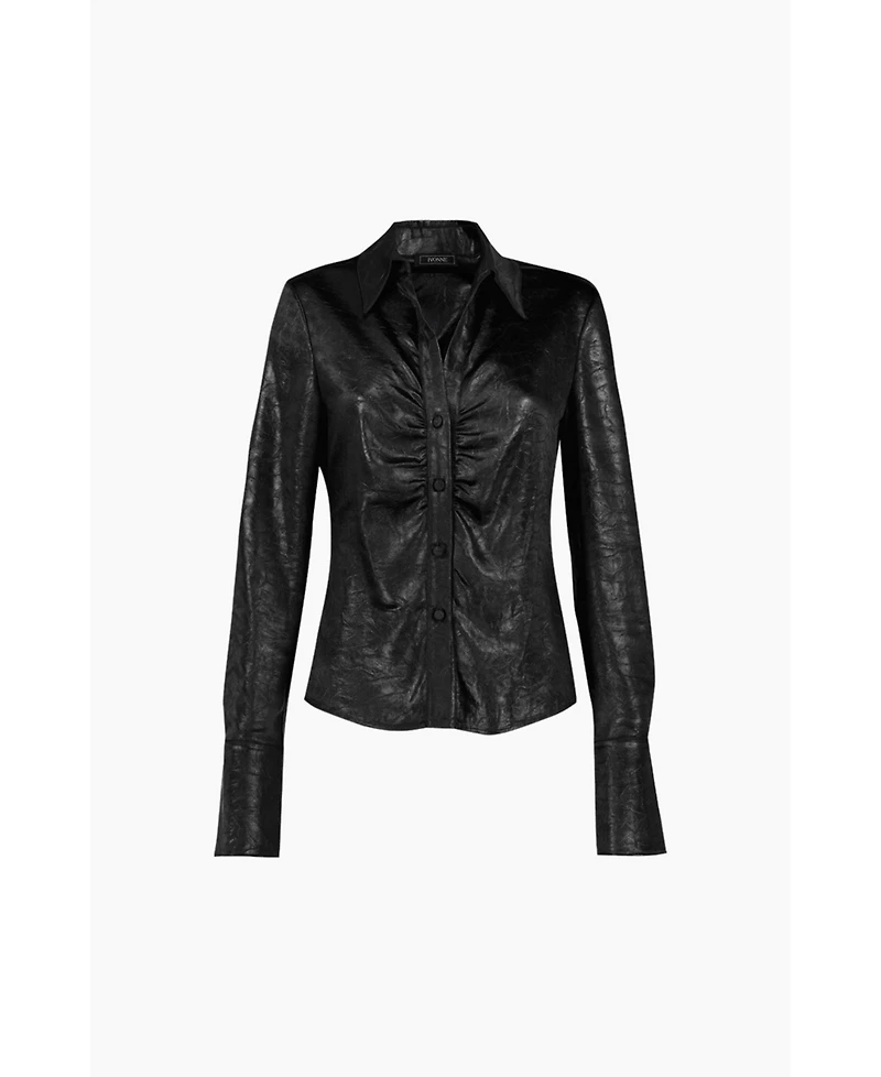 Ivonne Women's Long Sleeve Faux Leather Shirt