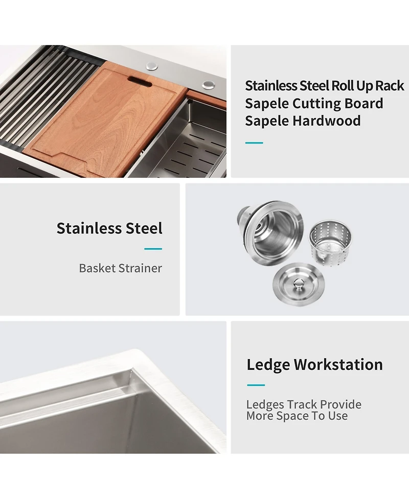 flynama 33x22x10inch Drop In Kitchen Sink Stainless Steel Workstation Single Bowl 16 Gauge Topmount