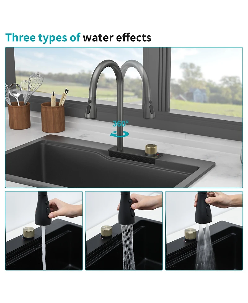 flynama 33x22x10inch Black Composite Granite Quartz Drop In Single Bowl Workstation Waterfall Kitchen Sink with Pull Out Faucet
