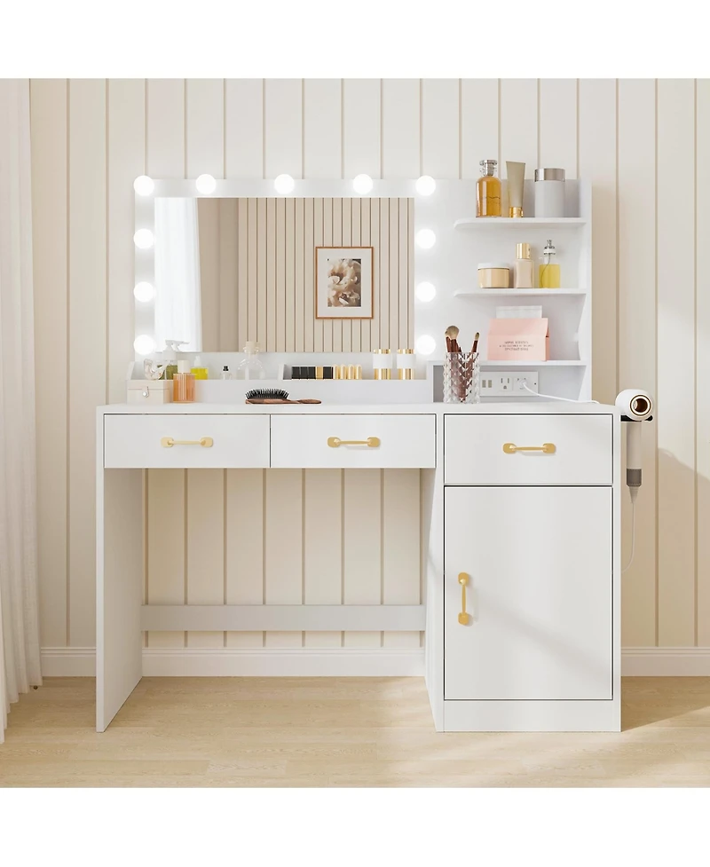 gaomon Makeup Table with Mirror, Led Bulbs and Power Outlet Vanity Desk with 3 Drawers and Storage Shelves Dressing Table for Bedroom Dressing Room