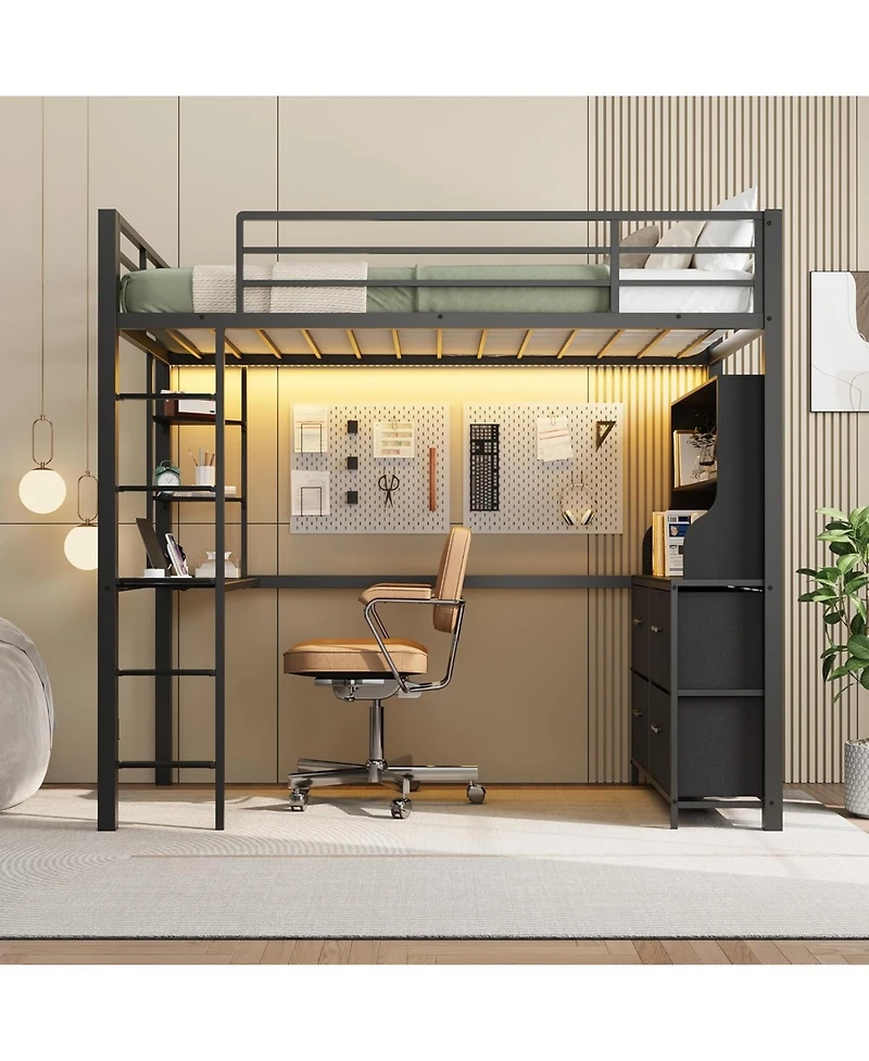 gaomon Twin Loft Bed with Desk, 4 Large Fabric Drawers and Open Shelves, Heavy Duty Metal Led Lights