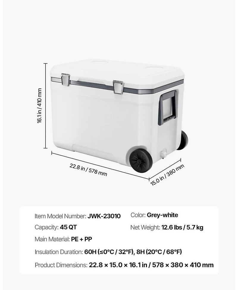 Mecale 45 Qt Wheeled Portable Cooler with Ice Retention, Heavy-Duty Handles and Cup Holder, Insulated Hard Cooler for Long Trips
