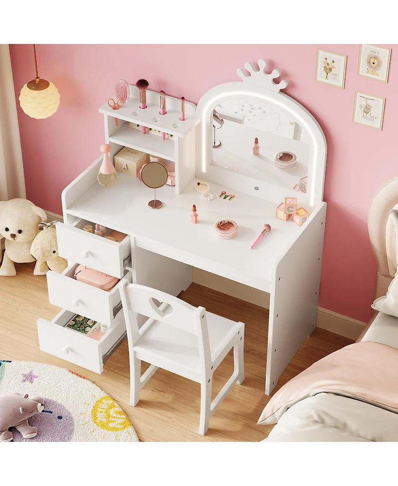 gaomon Kids Vanity with Lights – 2-in-1 Princess Makeup Toddler Table Stool & Drawers, Wooden Girls Desk for Pretend Play