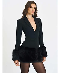 Miss Circle Women Wenona Black Fur Trimmed V-Neck Mini Blazer Dress