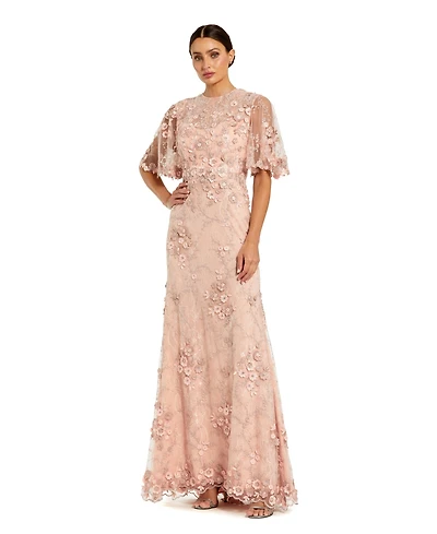 Mac Duggal Petite women's Flutter Sleeve Floral Embroidered Net Gown