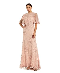 Mac Duggal Petite women's Flutter Sleeve Floral Embroidered Net Gown