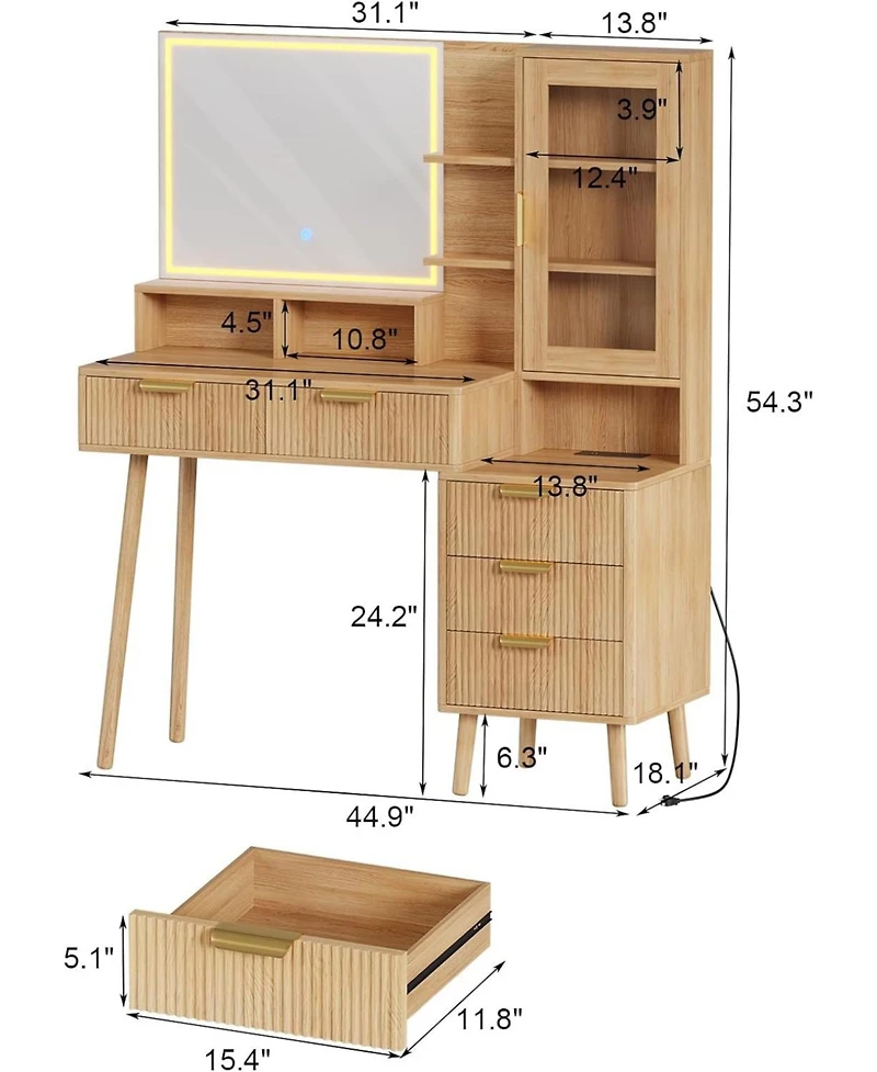Gaomon 5 Drawer Makeup Vanity Desk Lights & Power Outlet, Modern Fluted Design for Bedrooms, Apartments, Easy to Assemble