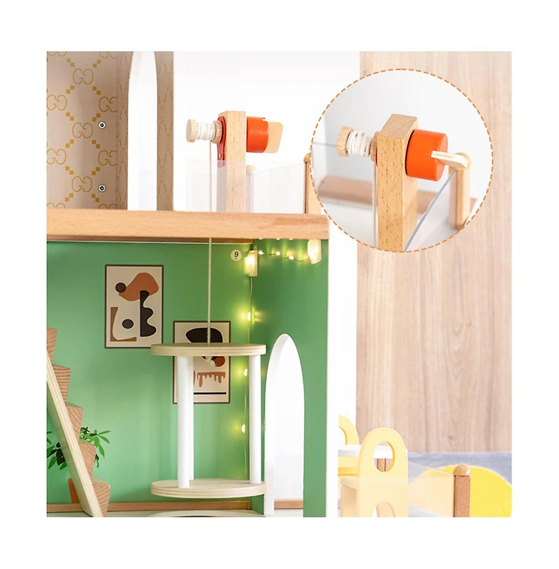 Bruce & Shark Light-Up Dollhouse for Girls, 3-Story Wooden House with Balcony & Furniture