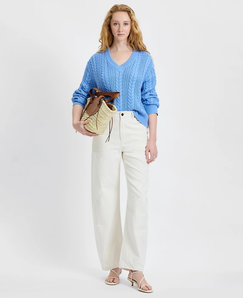 French Connection Women's Ryland Blue Cable Knit V-Neck Sweater