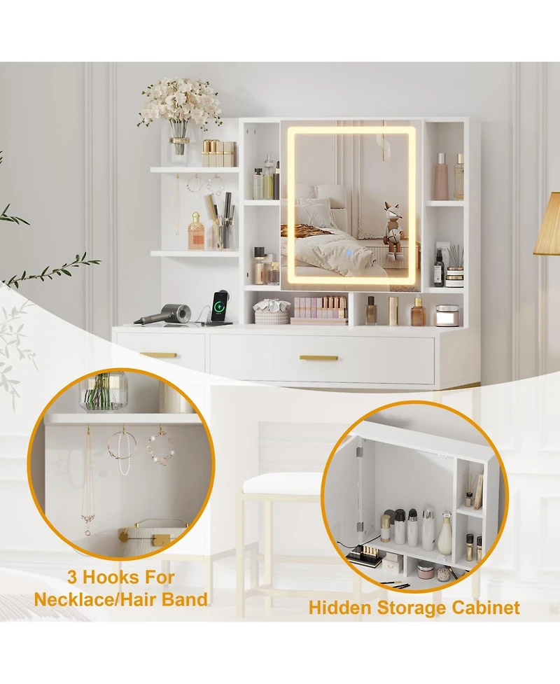 Gaomon Vanity Desk Lighted Mirror and Charging Station Makeup Vanity for Bedrooms, Apartments, Easy to Assemble