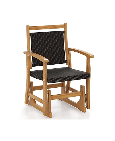 Slickblue Patio Rattan Glider Chair with Acacia Wood Frame and Wicker Seat