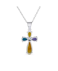 Bling Jewelry Cabochon Multi Color Jade Cross Pendant Necklace .925 Sterling Silver