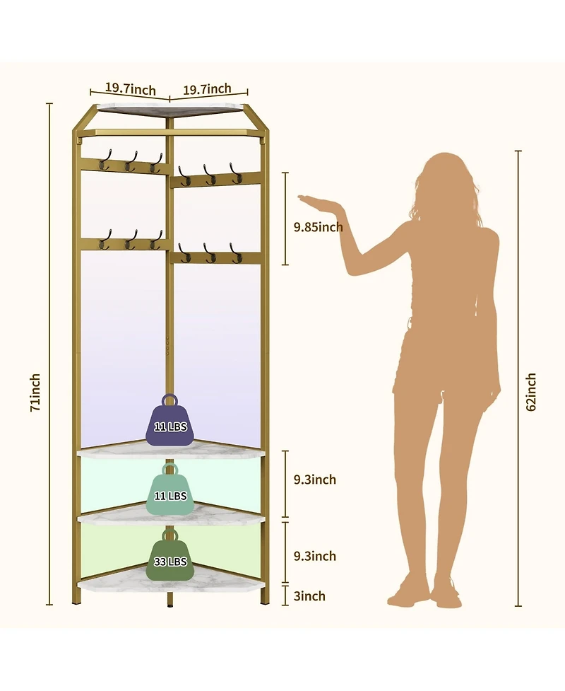 gaomon Corner Coat Rack With Shoe Bench and 6 Double Hooks, Corner Hall Tree - Clothes Rack With Storage Hall Tree With Organizer Shelf