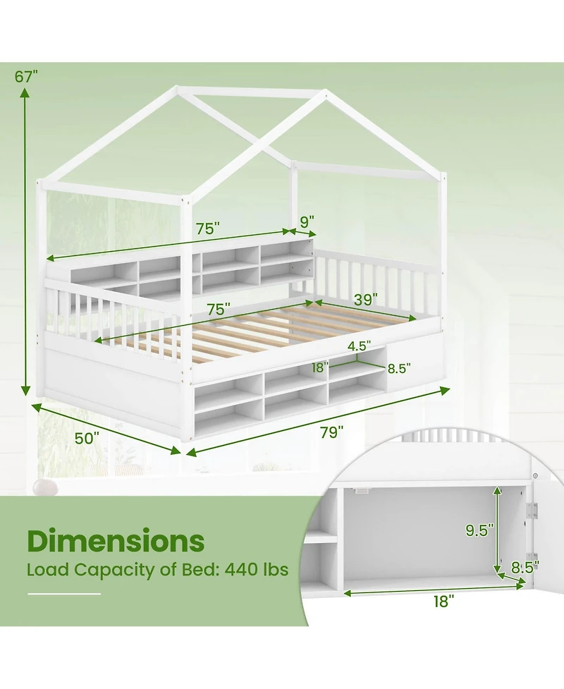 Costway Twin Size House Bed Wooden Platform Bed Frame with Roof & 14 Storage Cubes