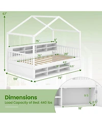 Costway Twin Size House Bed Wooden Platform Bed Frame with Roof & 14 Storage Cubes