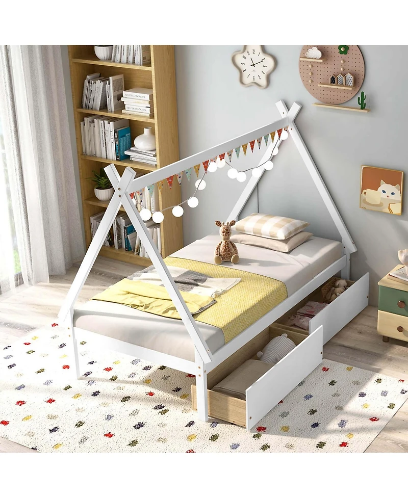 Costway Twin Wooden House Bed with 2 Drawers Roof Storage for Boys & Girls