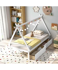 Costway Twin Wooden House Bed with 2 Drawers Roof Storage for Boys & Girls