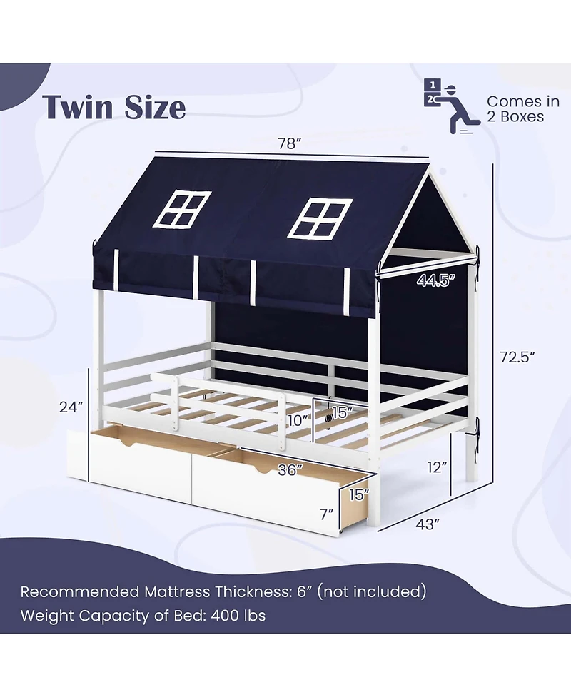 Costway Twin House Bed Solid Wood Playhouse Bed Low Loft Bed with Tent 2 Storage Drawers
