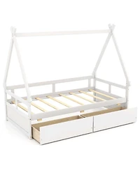 Costway Twin House Bed with Roof Safety Guardrail 2 Storage Drawers Wood Slat Support