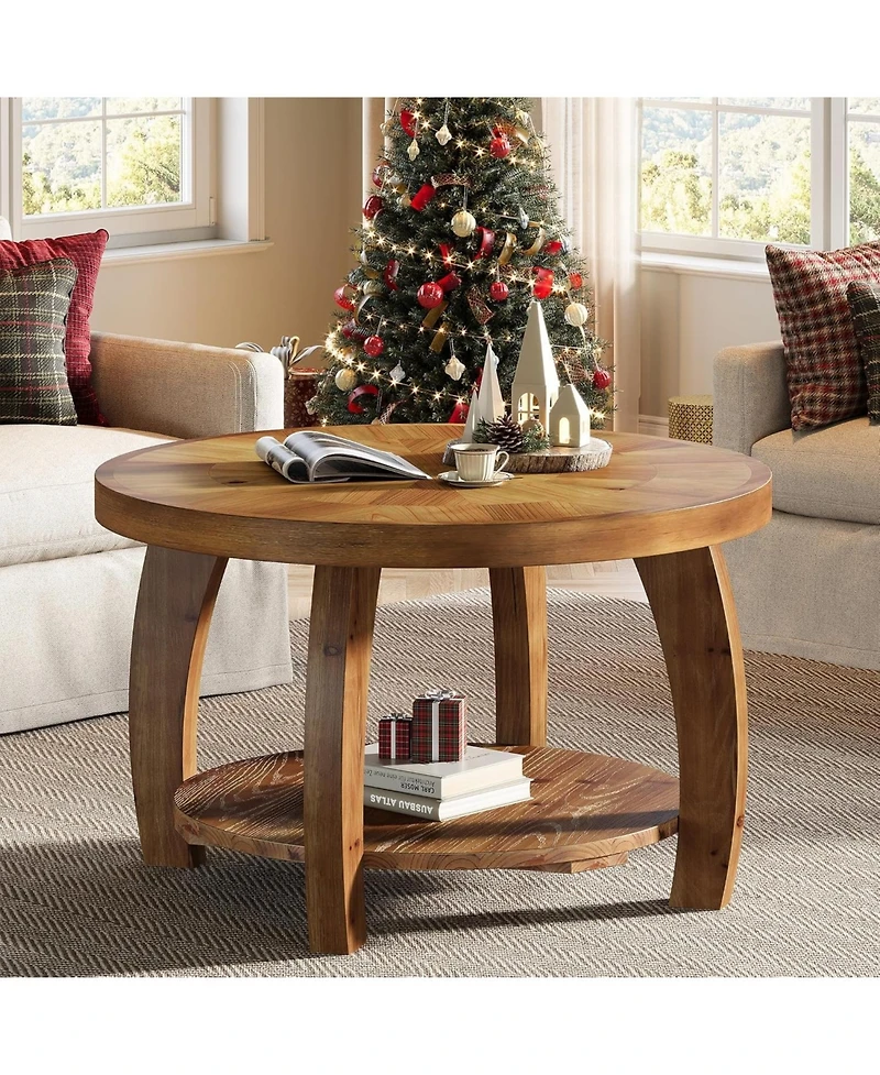 Tribesigns Solid Wood Round Coffee Table, 2-Tier Center Table with Storage, 31.5 Inch Wood Tabletop with Mosaic Pattern, Easy Assembly