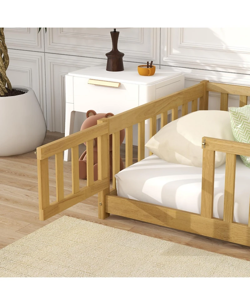 Streamdale Furniture Twin Floor Bed with Fence & Door Natural Wood