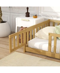 Streamdale Furniture Twin Floor Bed with Fence & Door Natural Wood