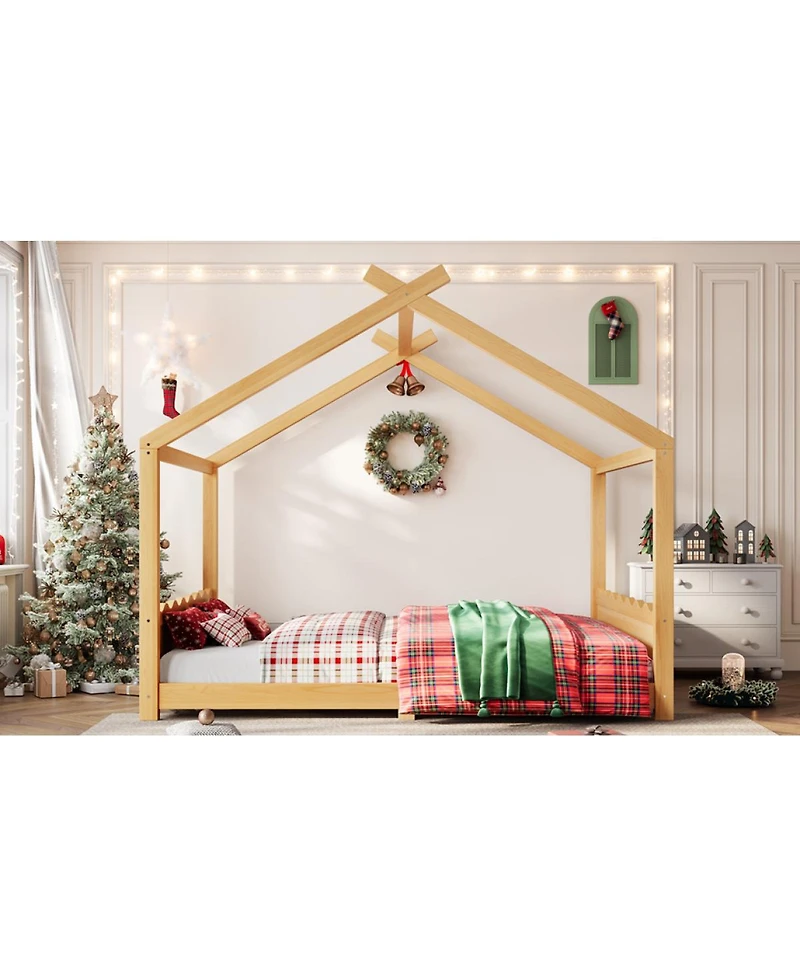 Streamdale Queen House Floor Bed with Solid Wood Frame for Kids, Natural