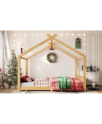 Streamdale Queen House Floor Bed with Solid Wood Frame for Kids, Natural