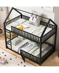 Streamdale Furniture Metal Twin over Twin House Bunk Bed with Fence and Door