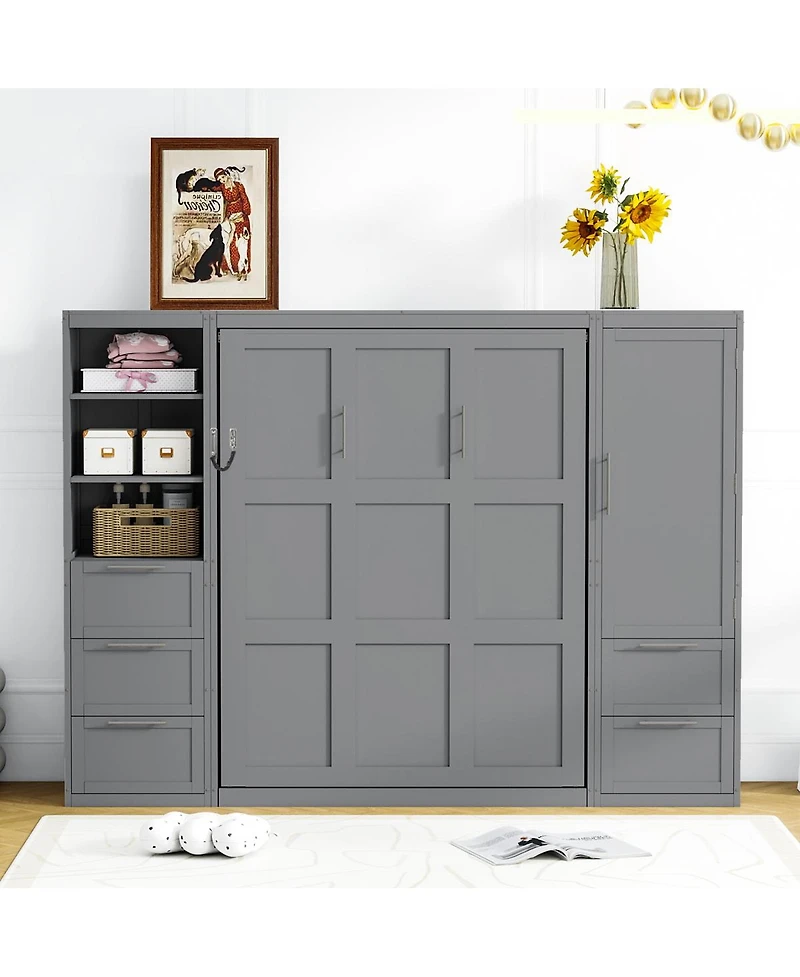 Streamdale Furniture Queen Size Murphy Bed Wall Bed with Closet, Drawers and Shelves, Gray
