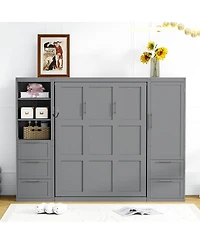 Streamdale Furniture Queen Size Murphy Bed Wall Bed with Closet, Drawers and Shelves, Gray