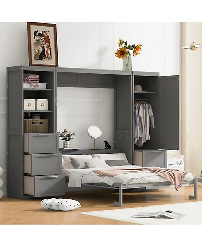 Streamdale Furniture Queen Size Murphy Bed Wall Bed with Closet, Drawers and Shelves, Gray