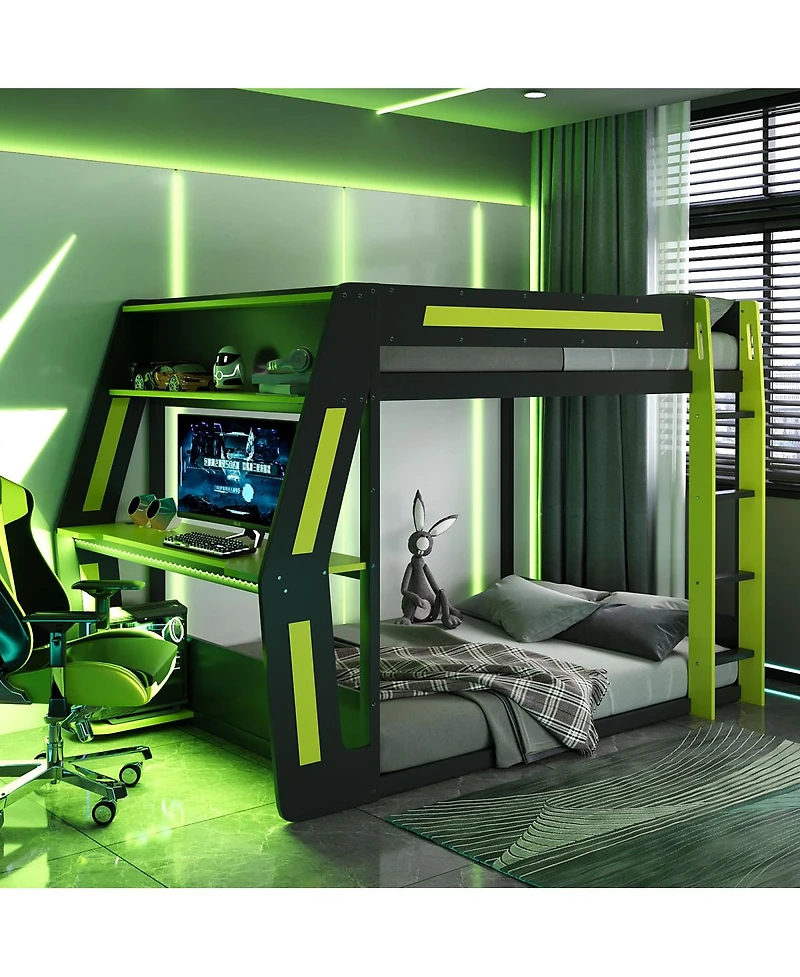 Streamdale Furniture Full-Size Gaming Bunk Bed with Rgb Desk, Usb Ports, Led Strip & Cable Grommet - Green