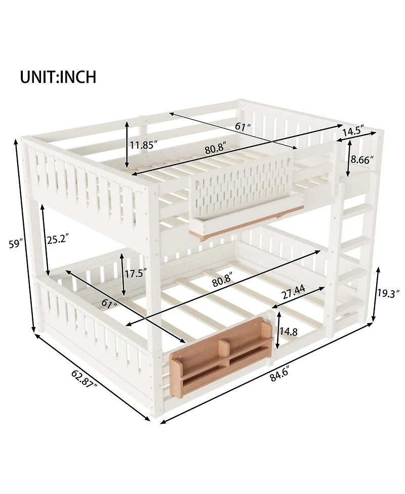 Streamdale Furniture Queen Bunk Bed with Ladder, Guardrails, Pegboard & Bookshelf, Beige