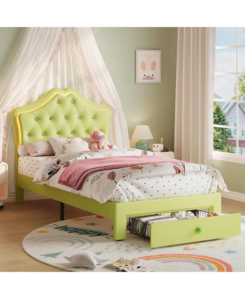 Gaomon Twin Upholstered Bed Frame with Led Headboard Lights & Storage Drawer, Noise Free, Platform for Kids and Teens