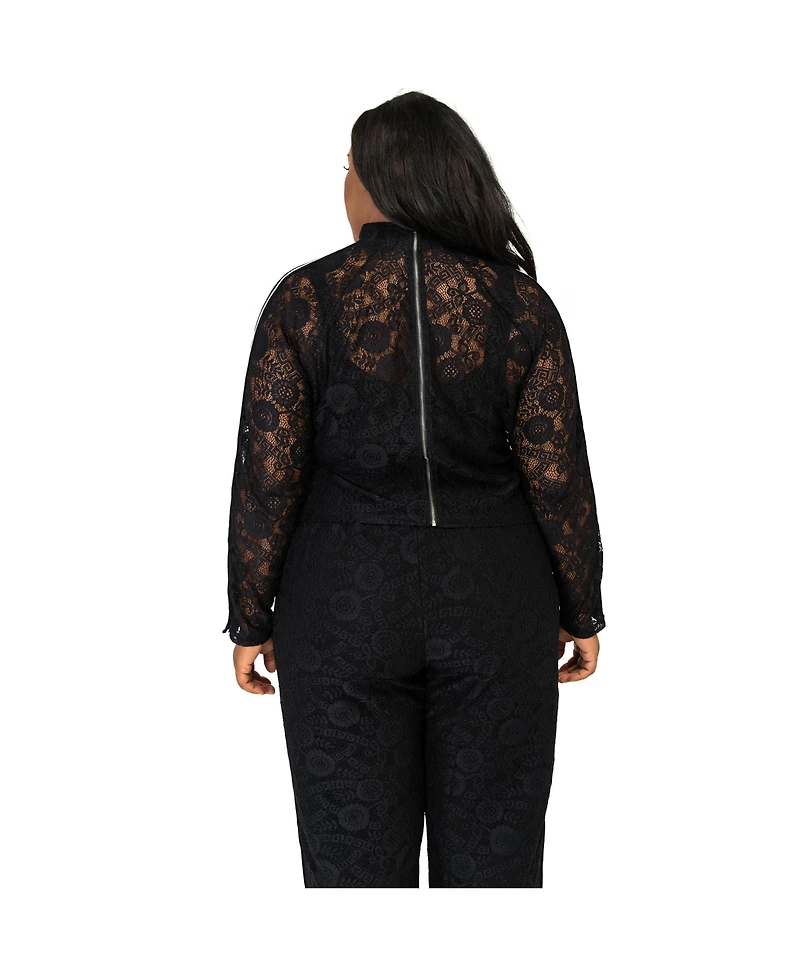 Poetic Justice Plus Size Curvy Black Lace Stripe Snap Cuff Zip Turtleneck