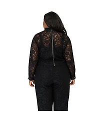 Poetic Justice Plus Size Curvy Black Lace Stripe Snap Cuff Zip Turtleneck