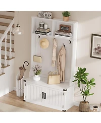 gaomon Hall Tree with Shoe Storage Bench, 4-In-1 Entryway Bench with Coat Rack & Adjustable Shlef & 2 Wood Door