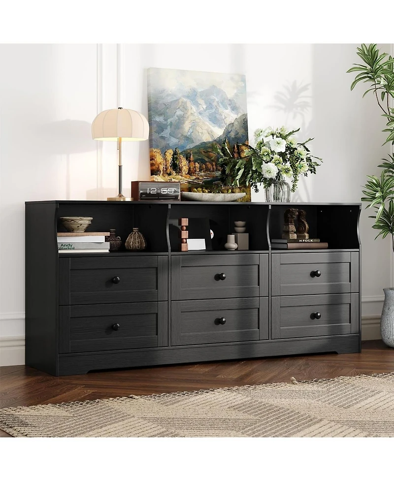 gaomon 6 Drawer Dresser for Bedroom with Power Outlets & Led Light, Slim Wooden Chest of Drawers Open Shelf