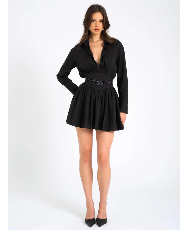 Miss Circle Women's Jamila Black Shirt Mini Dress with Embroidered Waist Detail