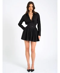 Miss Circle Women's Jamila Black Shirt Mini Dress with Embroidered Waist Detail