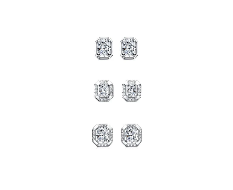 Genevive Timeless White Gold Plated Cz Octagonal 3-Piece Set Earrings