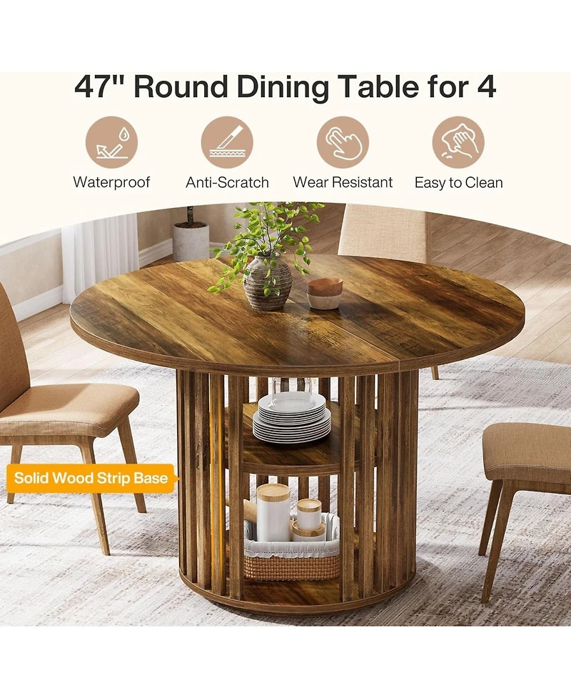 Tribesigns 47-Inch Round Dining Table for 4, Farmhouse Kitchen Table with 2-Tier Storage Shelf and Solid Wood Base, Brown