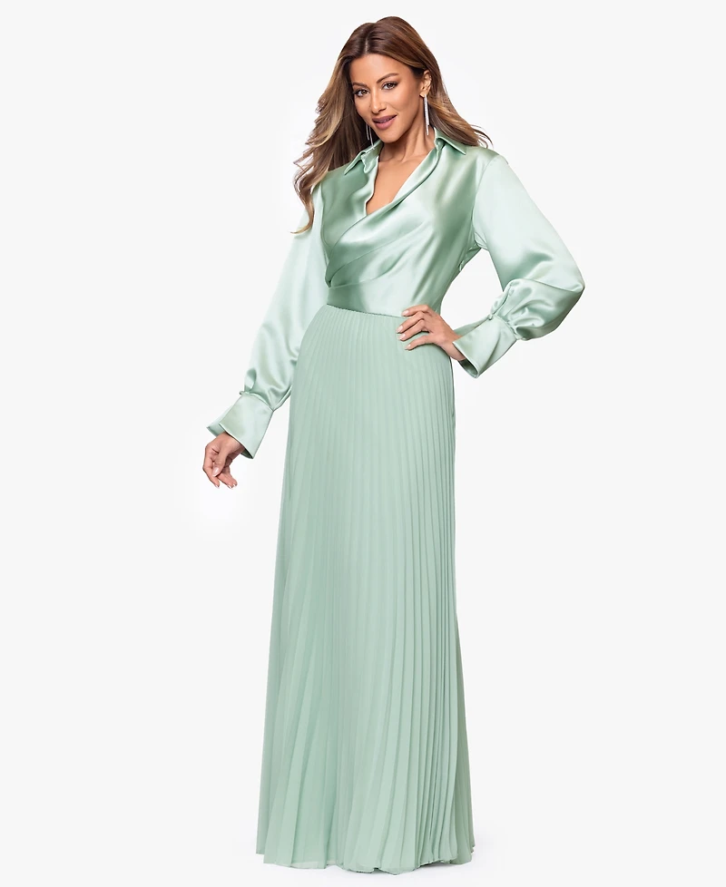Xscape Women's Long Satin Long-Sleeves Collared Ball Gown