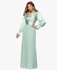 Xscape Women's Long Satin Long-Sleeves Collared Ball Gown