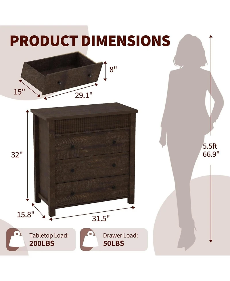 gaomon 3 Drawer Dresser for Bedroom Nightstand, Wooden Chest of Drawers, Fluted End Table, Storage Organizer for Living Room, Hallway and Entryway