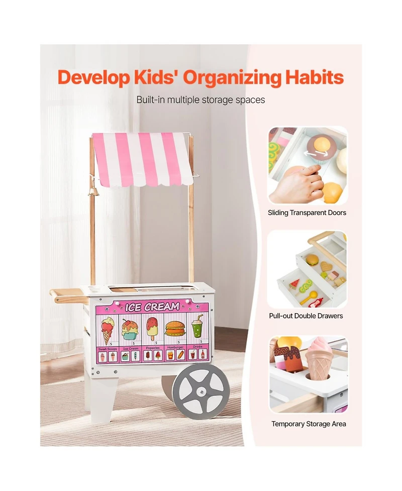 Slickblue Kids Ice Cream Cart Playset with 20+ Accessories and Food Toys