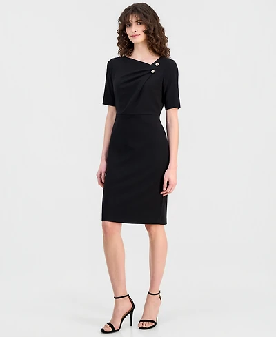 Anne Klein Women's Asymmetric-Neck Elbow-Sleeve Midi Dress