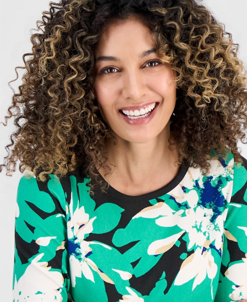 Jones New York Petite Printed Puffed 3/4-Sleeve Top